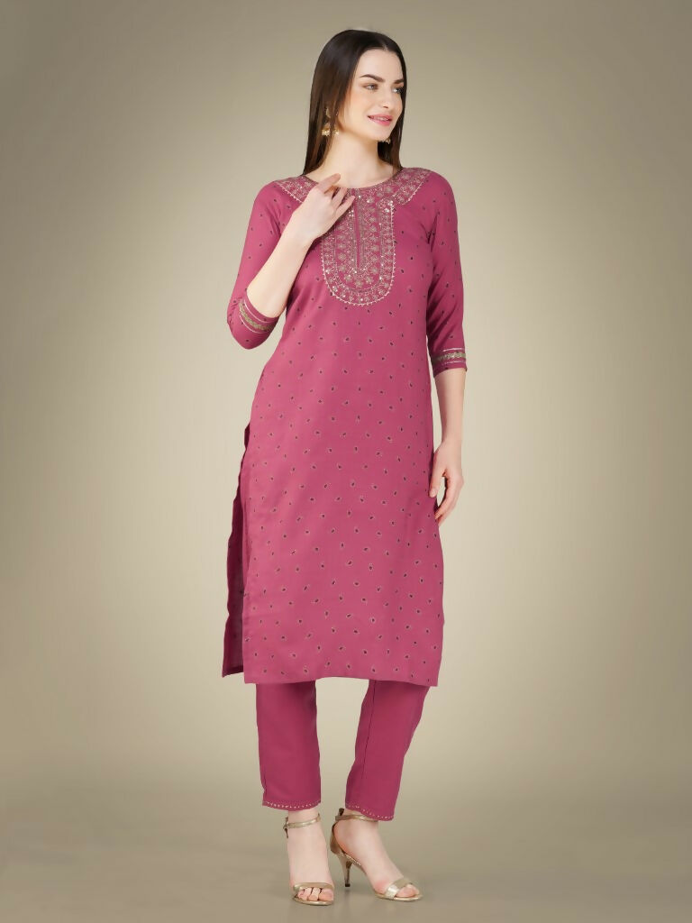 Jyoti Fashion Women's Wine Cotton Magic Slub Embroidery & Sequence work Kurta with Trouser & Dupatta - Distacart