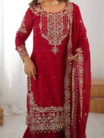 Thumbnail for The52 Women's Beautiful Faux Georgette Fabric Embroidery Work Straight Kurt Sharara and Dupatta Set - Distacart