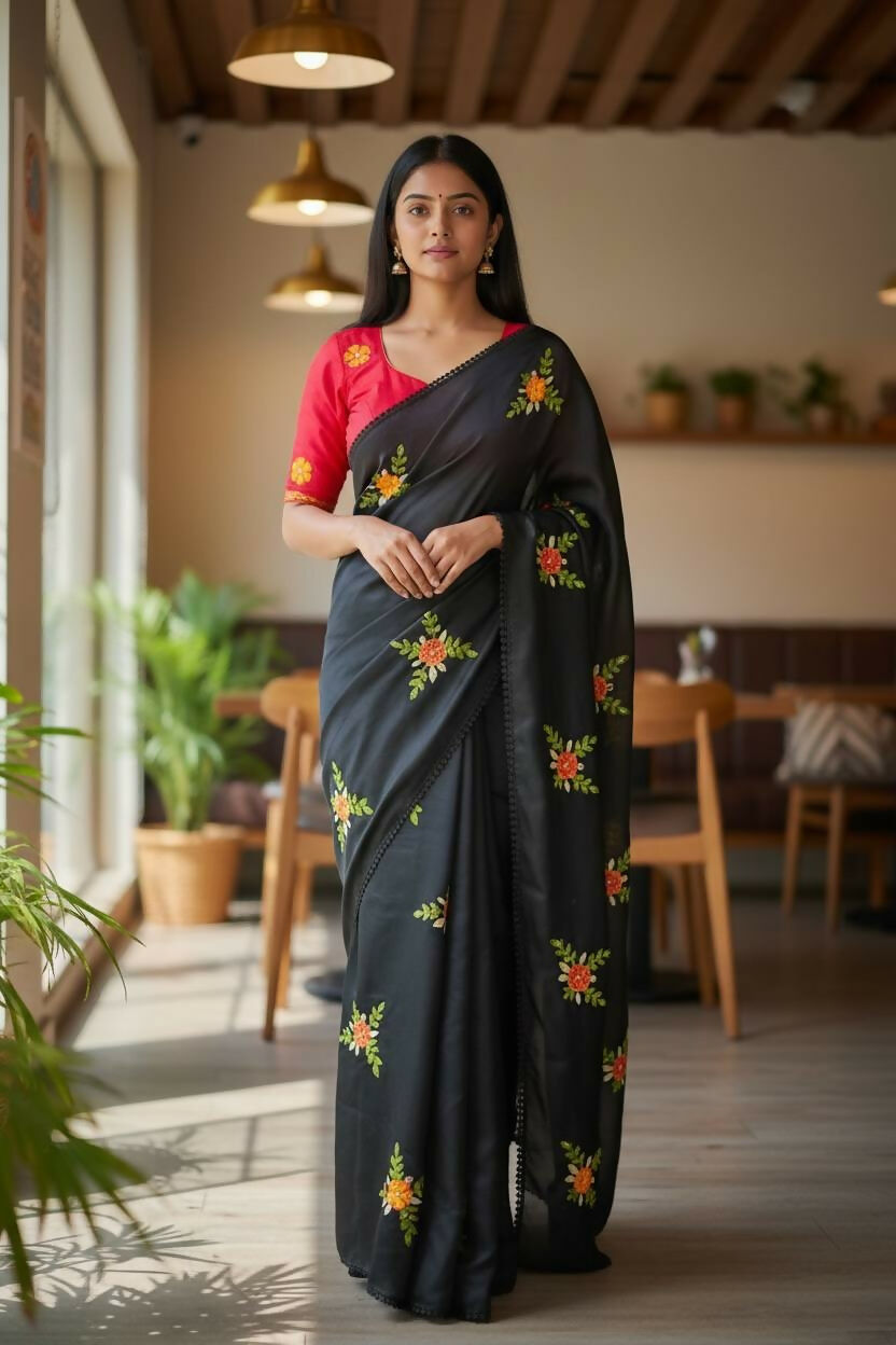 Teeya Creation Black Rangoli Silk Embroidery Work Party Wear Designer Saree - Distacart
