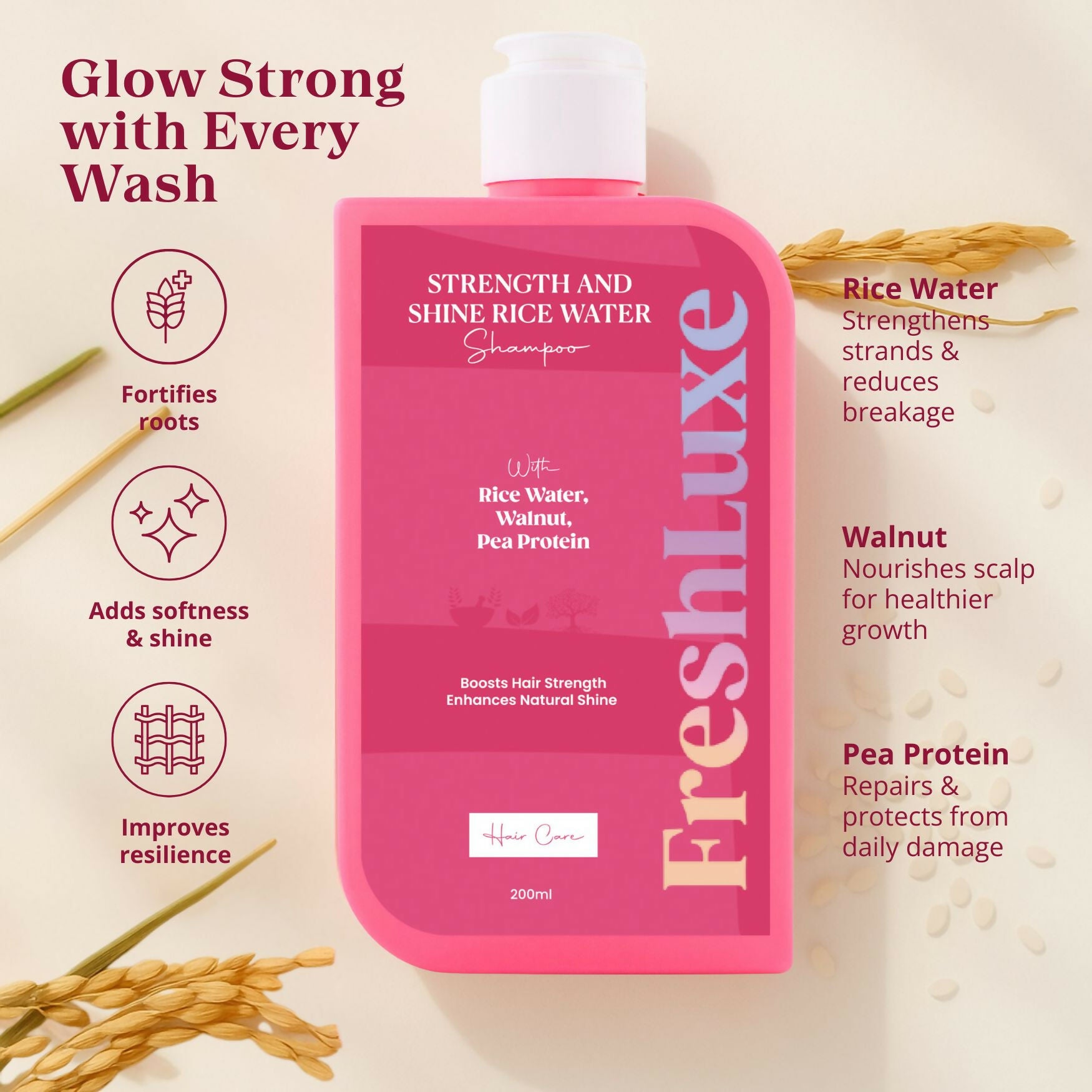 FreshLuxe Strength & Shine Shampoo Rice Water, Walnut Oil & Pea Protein For Damaged Hair & Reduce Split Ends