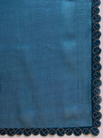 Teal Organza Swaroski Diamond Work Saree with Unstitched Blouse - Radha - Distacart