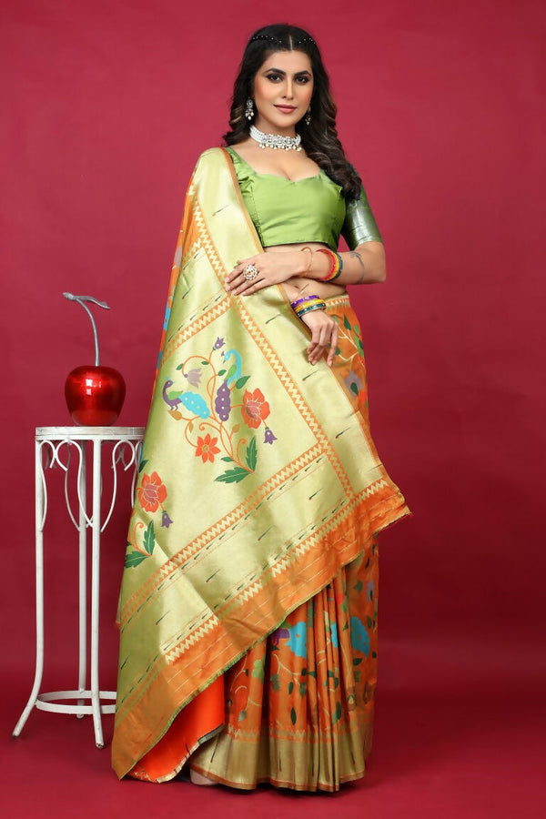 Jyoti Fashion Women's Orange Paithani Silk Zari Woven Saree with Blouse - Distacart