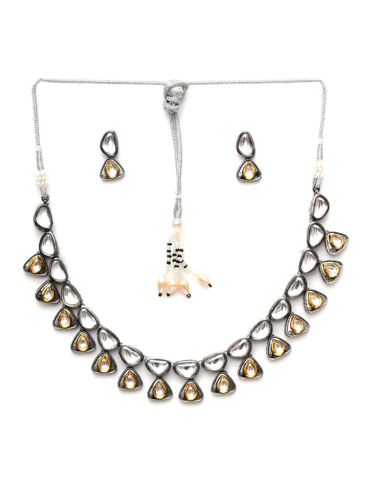 Dual Tone Kundan Neckpiece with Earrings Jewellery Set (silver) - Ruby Raang - Distacart