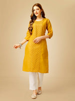 Thumbnail for Jyoti Fashion Women's Yellow Cotton Blend Embroidered Kurta Pant Set - Distacart