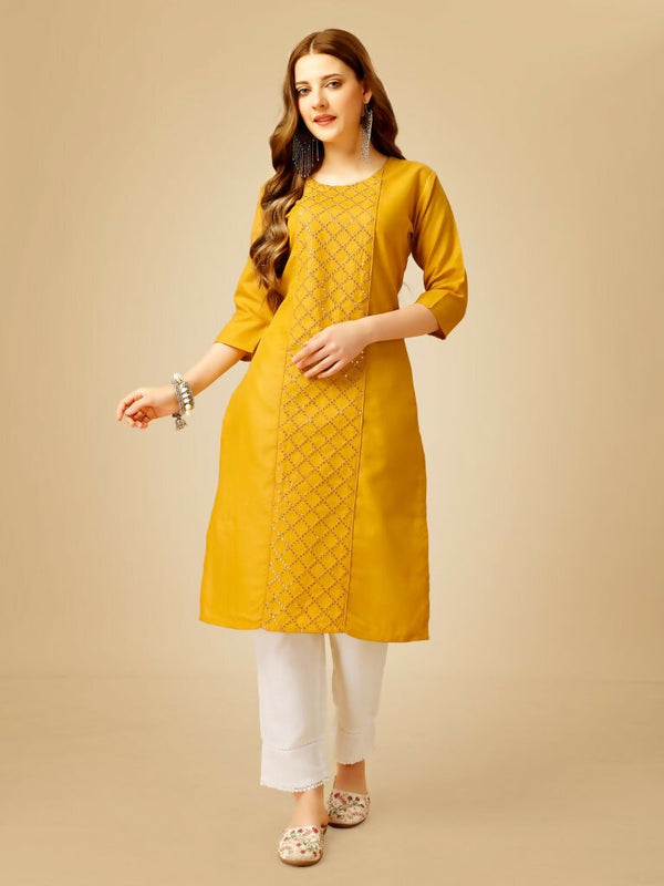 Jyoti Fashion Women's Yellow Cotton Blend Embroidered Kurta Pant Set - Distacart