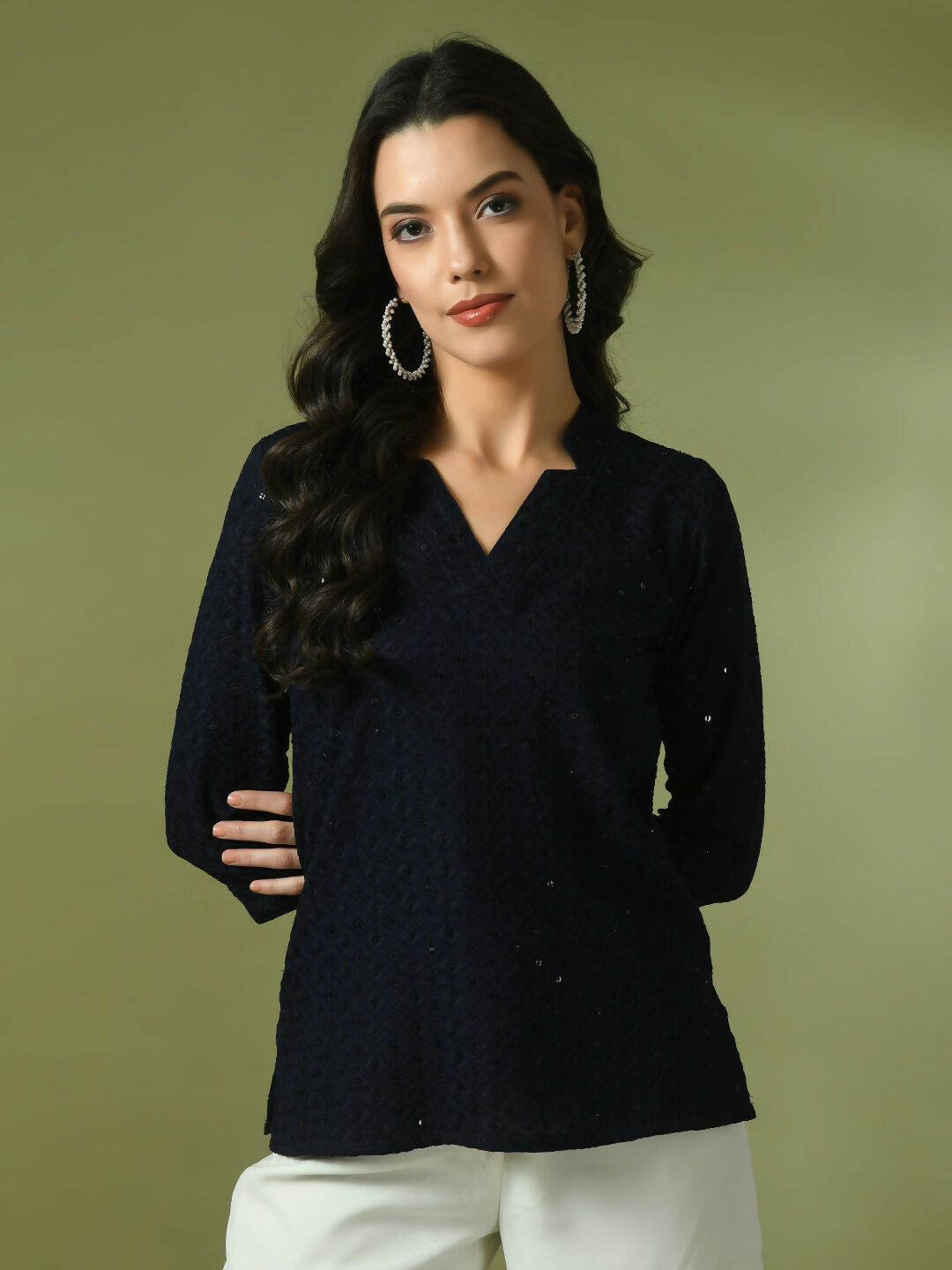 Myshka Women's Navy Blue Embellished Cotton Regular Party Tunic - Distacart