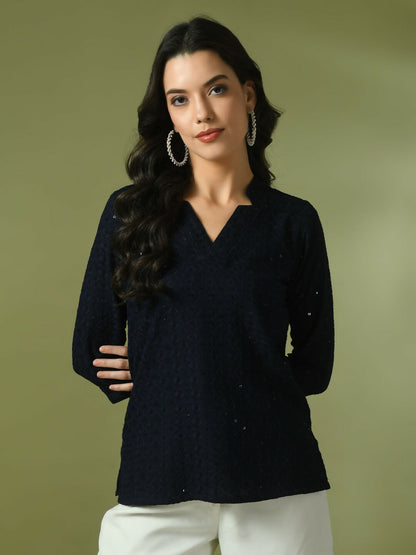 Myshka Women's Navy Blue Embellished Cotton Regular Party Tunic - Distacart