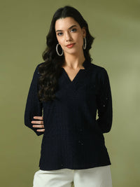 Thumbnail for Myshka Women's Navy Blue Embellished Cotton Regular Party Tunic - Distacart