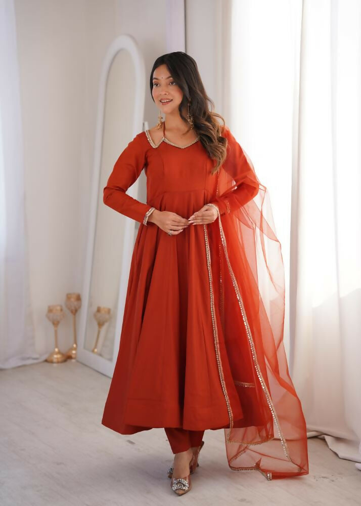 Lehenga Mart Designer Anarkali Suit With Kurta, Pant, Dupatta For Women-Rust - Distacart