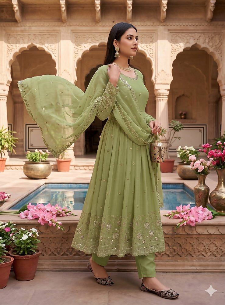 Teeya Creation New Stylish Trendy Elegant Peach Embroidered Anarkali Suit with Dupatta - Dista