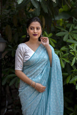 Thumbnail for Sky Blue Poly Georgette Woven Design Saree with Unstitched Blouse - Hiral Fashion - Distacart