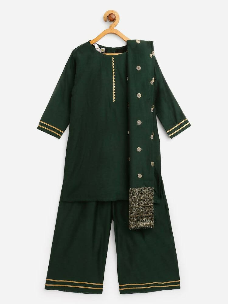 Ahalyaa Dark Green Chanderi Solid Kids Kurta Palazzo Set With Dupatta For Girls - Distacart