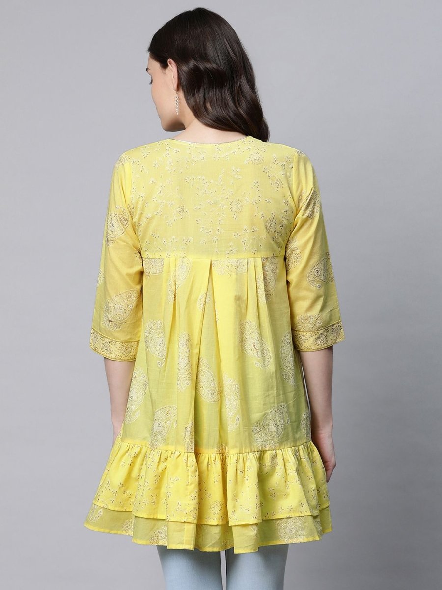 Ahalyaa Women Yellow Cotton Printed Tunic - Distacart