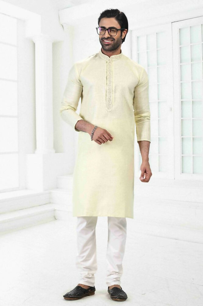 Raivat Ethnic Linen Cotton Thread Work Kurta Pajama In Pista Green Colour - Dista