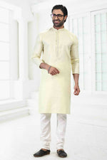 Thumbnail for Raivat Ethnic Linen Cotton Thread Work Kurta Pajama In Pista Green Colour - Dista