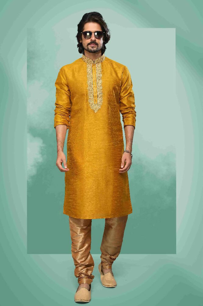 Raivat Ethnic Art Silk Mirror Embroidery Work Kurta Pajama In Mustard Colour - Dista