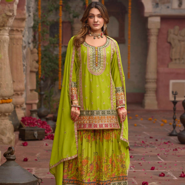 Anaita Parrot-Green Chinon Readymade Palazzo Suit with Codding Dori & Sequence Work - Distacart
