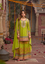 Thumbnail for Anaita Parrot-Green Chinon Readymade Palazzo Suit with Codding Dori & Sequence Work - Distacart