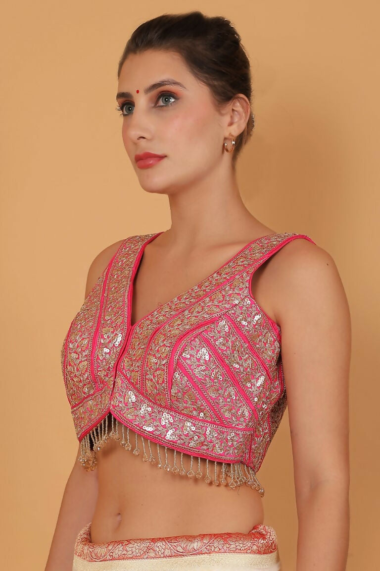Joban Fashion Silk Zari And Sequence Work Padded Blouse - Hot Pink