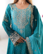 Thumbnail for The52 Women's Beautiful Chinon silk Fabric Embroidery Work Straight Kurta Palazzo and Dupatta Set - Distacart