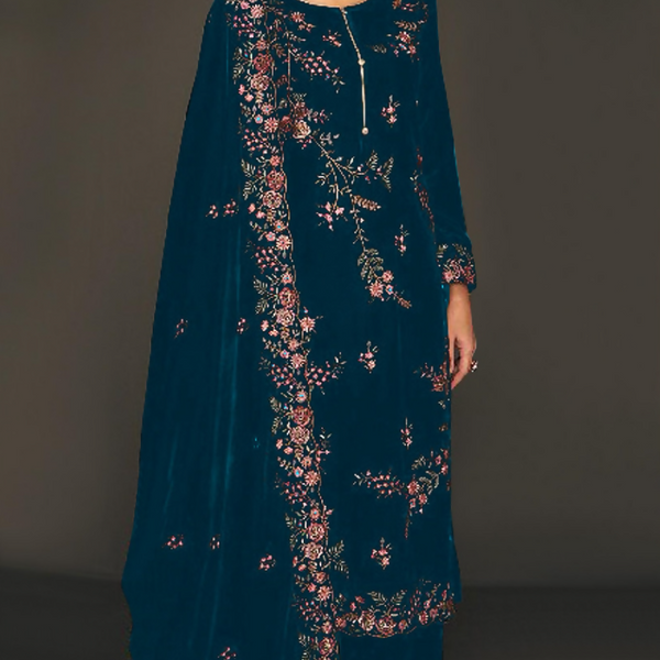 Anaita Teal Pure Velvet Stitched Suit with Heavy Embroidery Sequence Work - Distacart