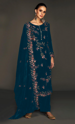 Thumbnail for Anaita Teal Pure Velvet Stitched Suit with Heavy Embroidery Sequence Work - Distacart
