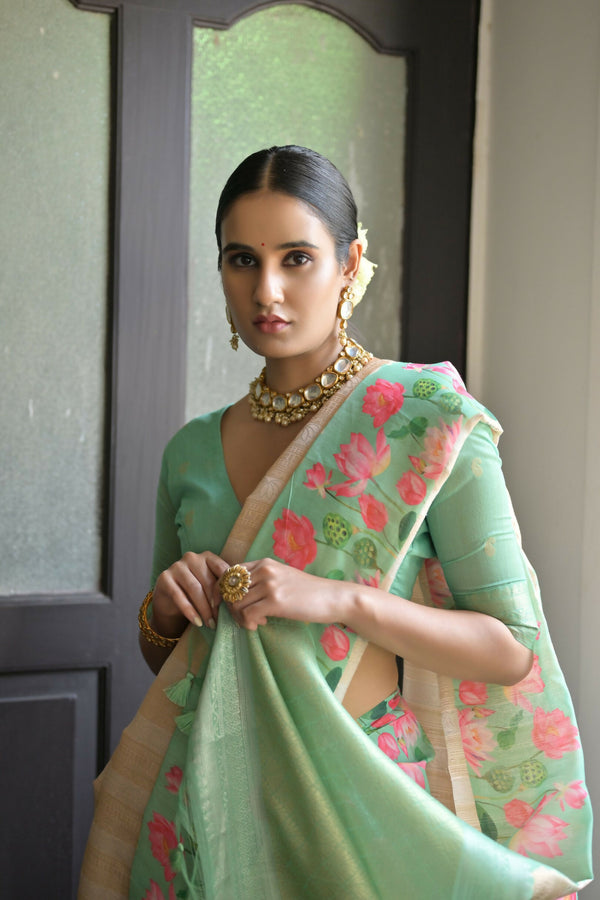 Vishnu Weaves Women's Green Banarasi Silk Saree with Blouse - Distacart