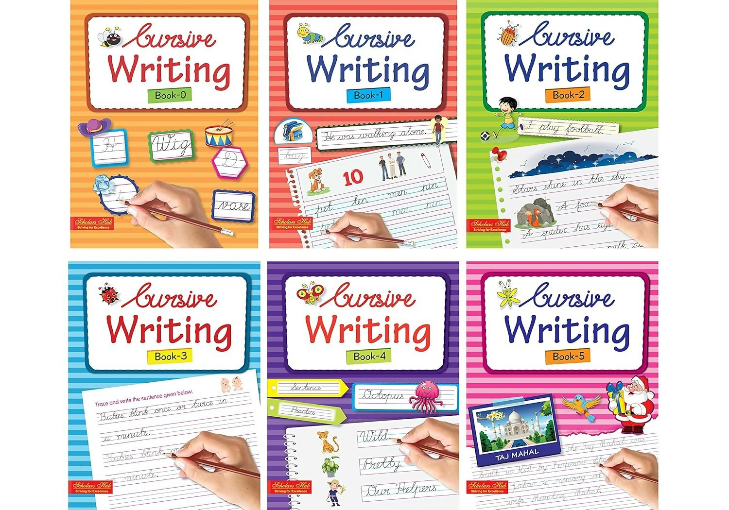 Scholars Hub Cursive Writing Books Combo (Vol. 0-5) (Capital Letters, Small Letters, Word Family & Sentences ) | Set Of 6 Books | 260 Pages - Dista