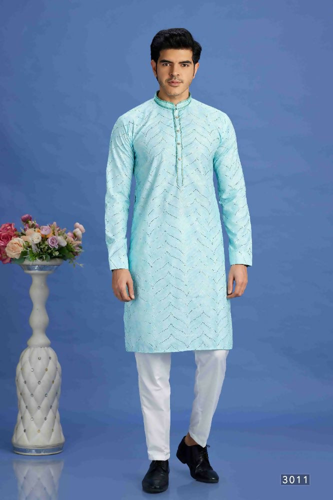 Raivat Ethnic Cotton Embroidery Kurta Pajama In Sky Blue Colour - Dista