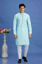 Thumbnail for Raivat Ethnic Cotton Embroidery Kurta Pajama In Sky Blue Colour - Dista