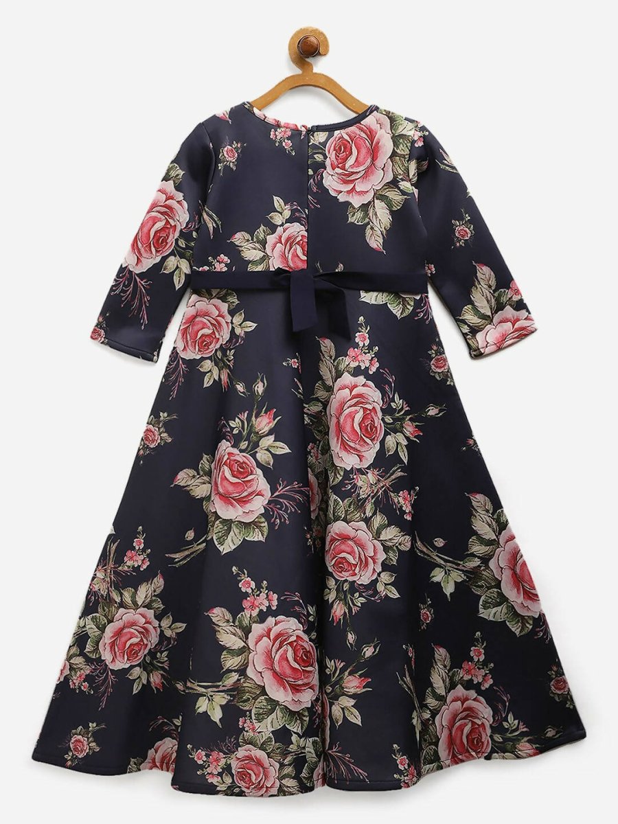 Ahalyaa Navy Blue Digital Print Floral Kids Dress For Girls - Distacart