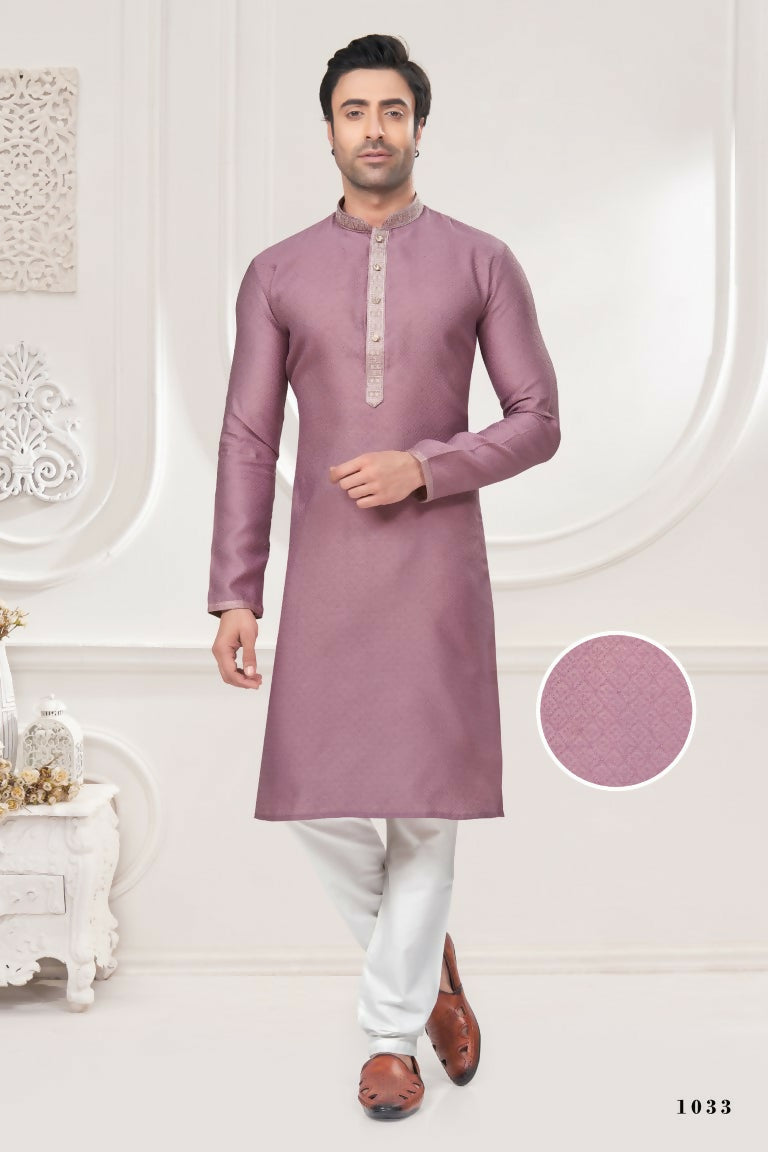 Functional Designer Men's Light Purple Jacquard Kurta With Pant - Rudra - Distacart