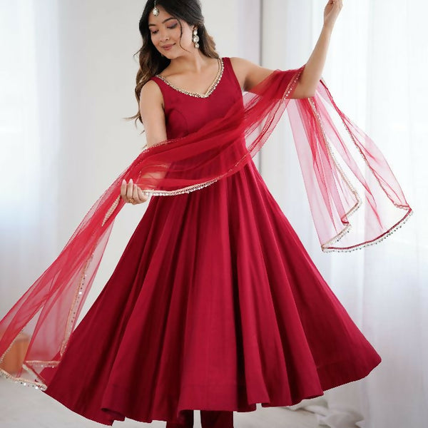 Joban Fashion Maroon Kurta Set Chanderi Sequence Embroidery Work