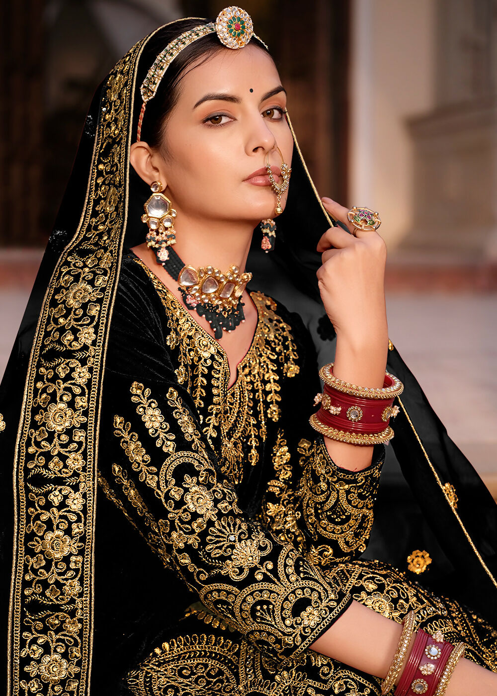 Black Velvet Front & Back Embroidery Wedding Anarkali Suit - Emponline - Distacart