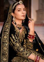 Thumbnail for Black Velvet Front & Back Embroidery Wedding Anarkali Suit - Emponline - Distacart