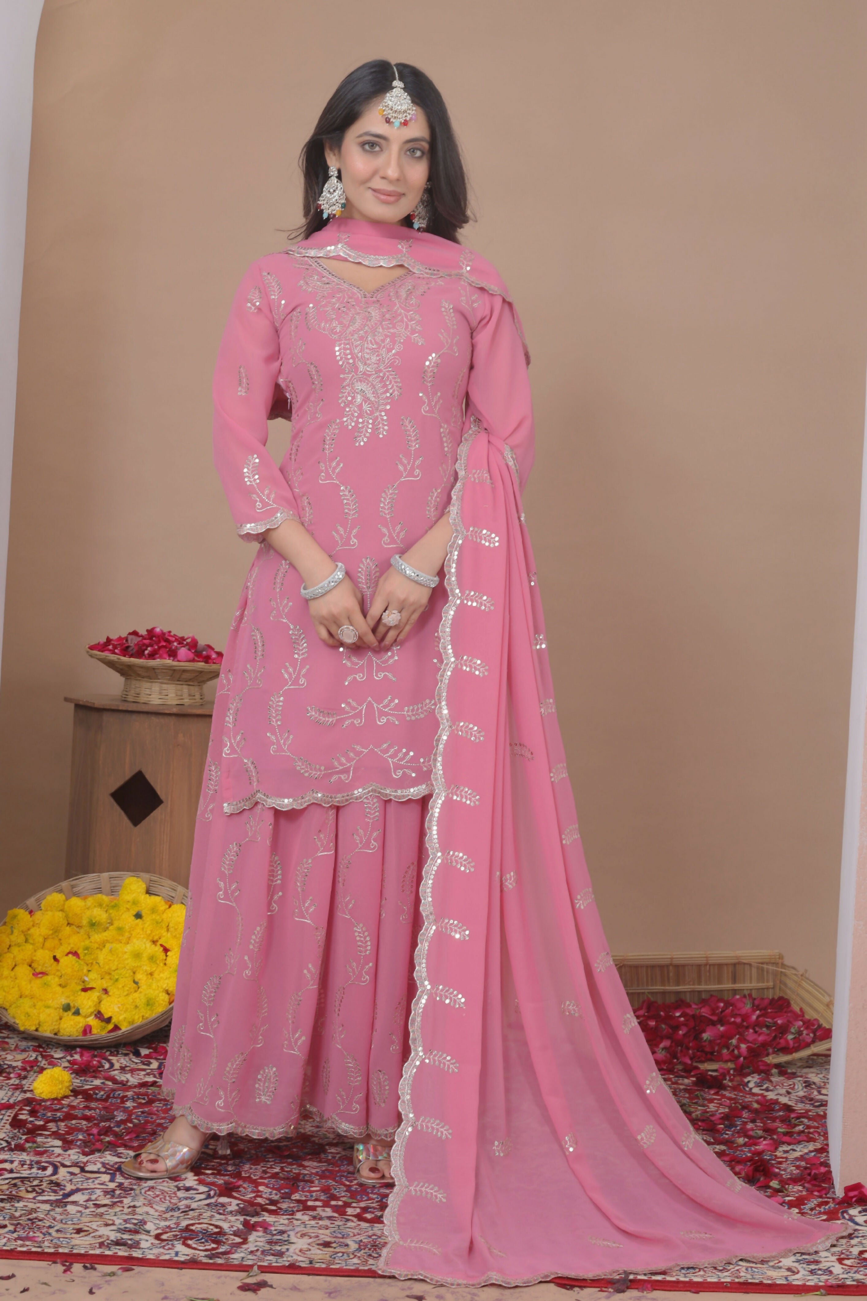 The52 Women's Gorgeous Embroidery Work Fox Georgette Fabric Straight Kurta Sharara and Dupatta Set