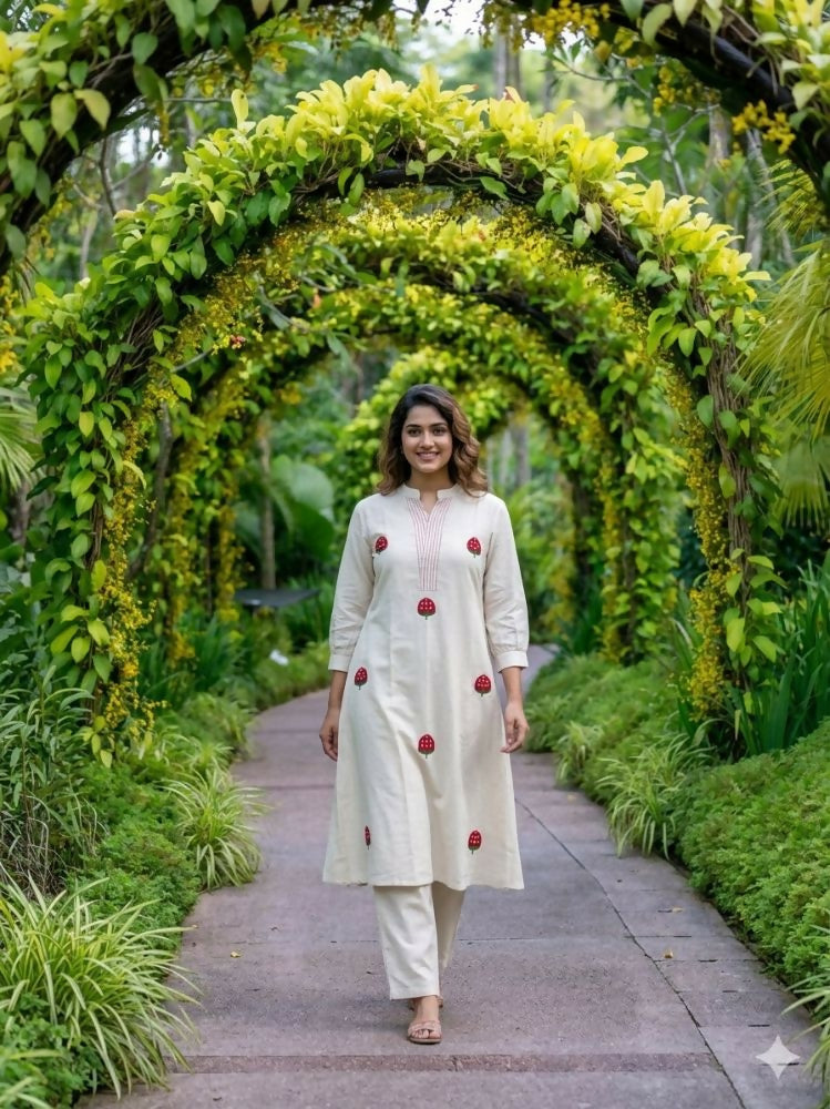 Teeya Creation New Latest Women Off-White & Red Embroidered Cotton A-Line Kurta with Trousers - Dista
