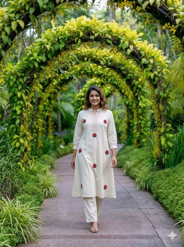 Teeya Creation New Latest Women Off-White & Red Embroidered Cotton A-Line Kurta with Trousers - Dista