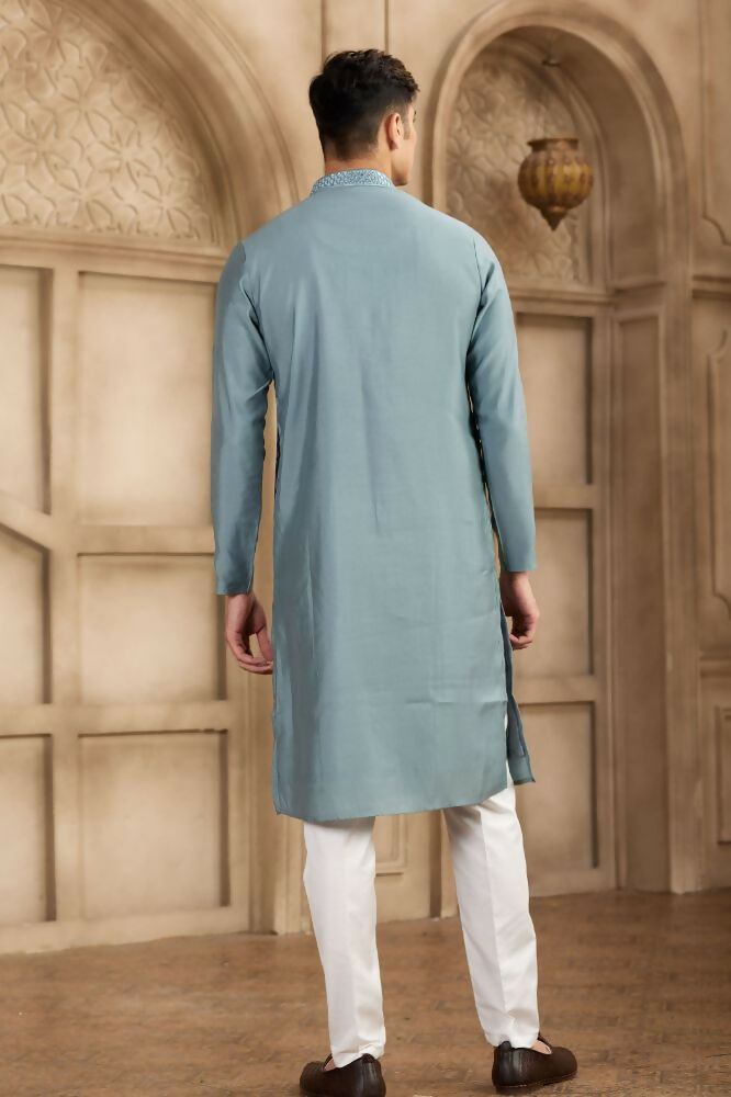 Raivat Ethnic Banarasi Art Silk Mirror Work Kurta Pajama In Grey Colour
