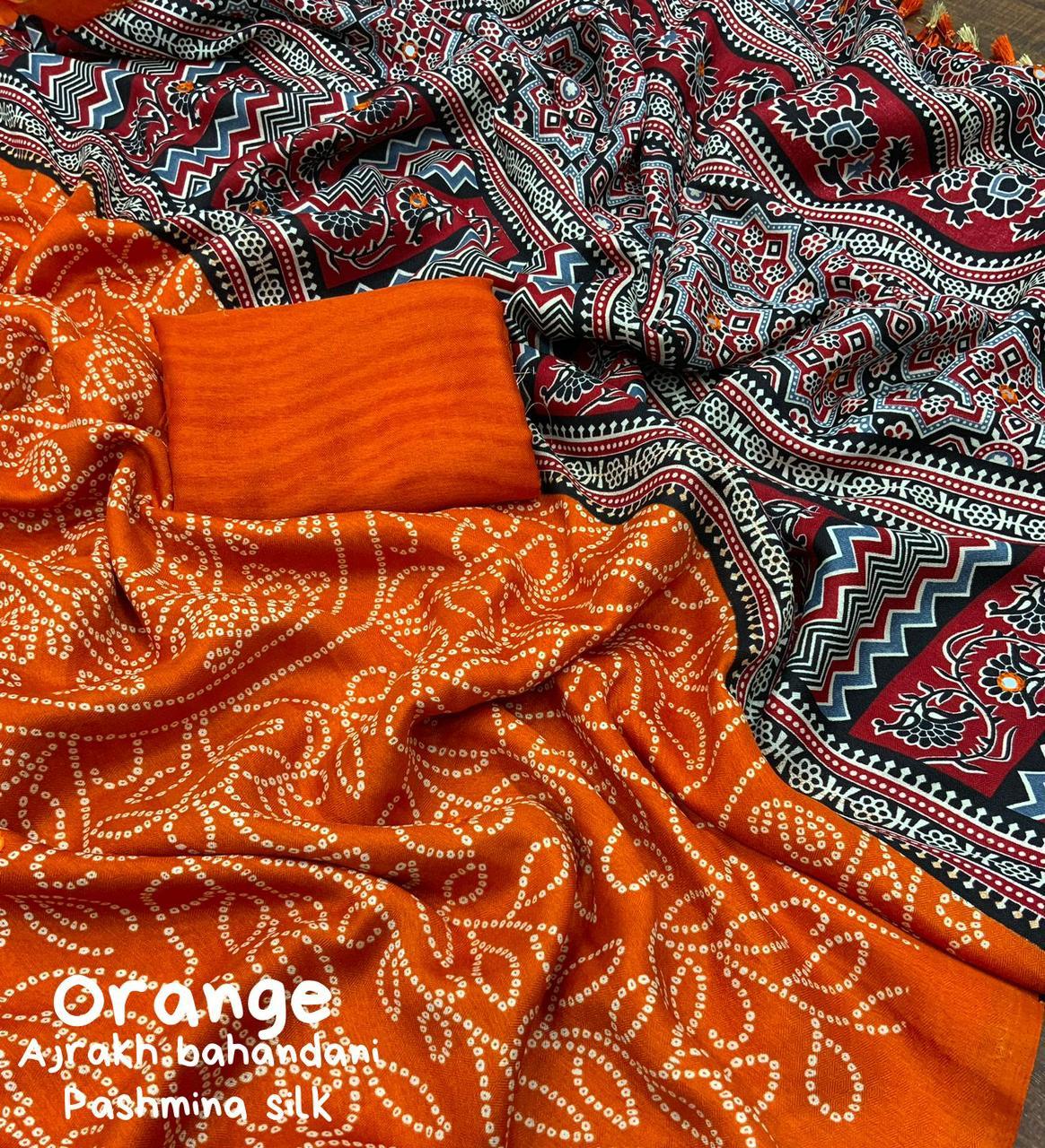 Orange Silk Blend Ajrak Saree with Unstitched Blouse - A2M