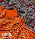 Thumbnail for Orange Silk Blend Ajrak Saree with Unstitched Blouse - A2M
