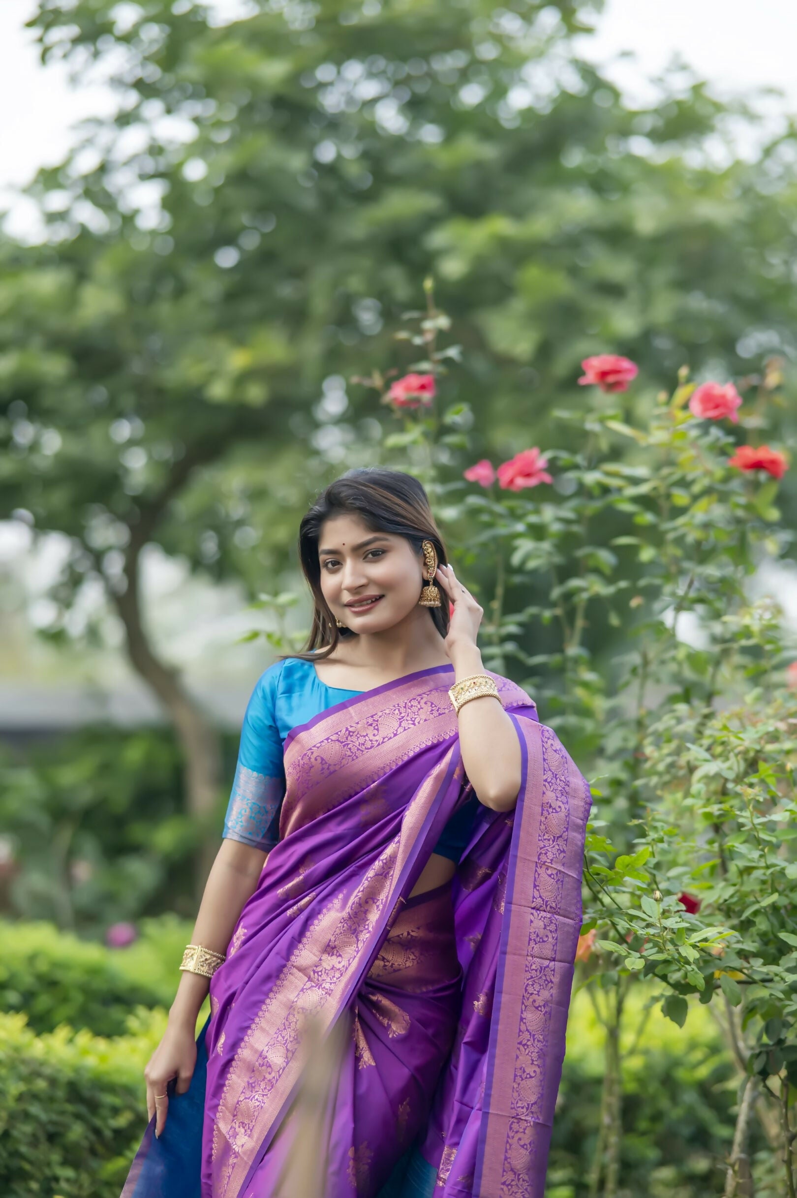 Vishnu Weaves Women's Purple Banarasi Silk Saree with Blouse - Distacart