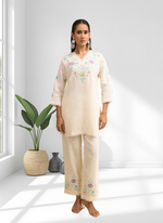 Thumbnail for Joban Fashion Cream Linen Embroidered Readymade Cord Set - Distacart