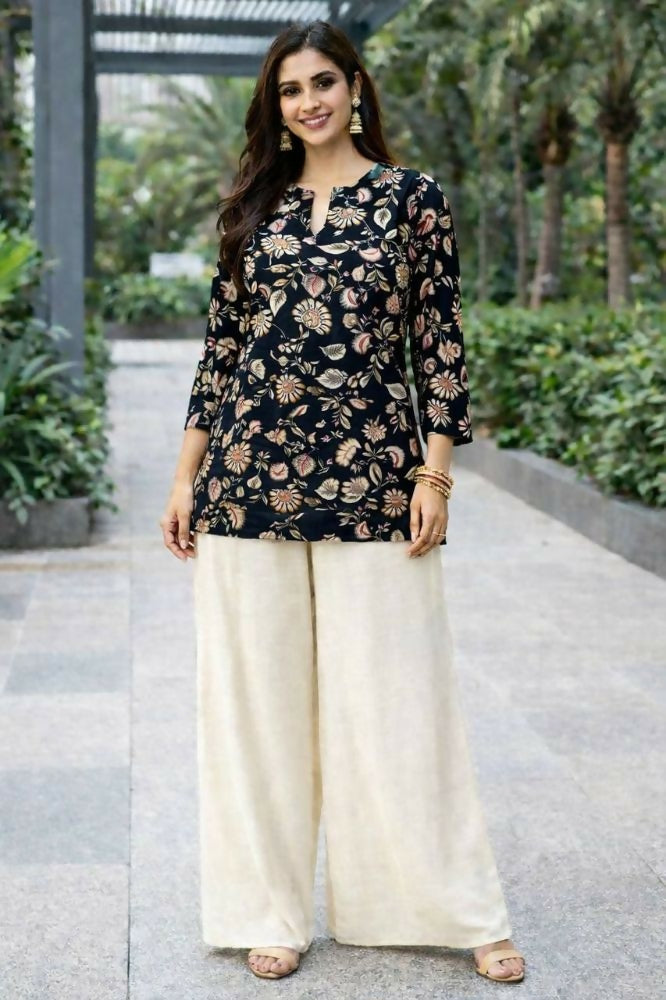 Teeya Creation Womens New Trendy Black Floral Printed Short Kurti with Beige Palazzo Set - Dista