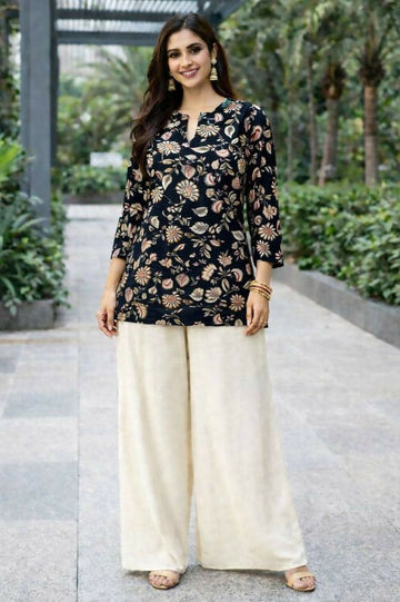 Teeya Creation Womens New Trendy Black Floral Printed Short Kurti with Beige Palazzo Set - Dista