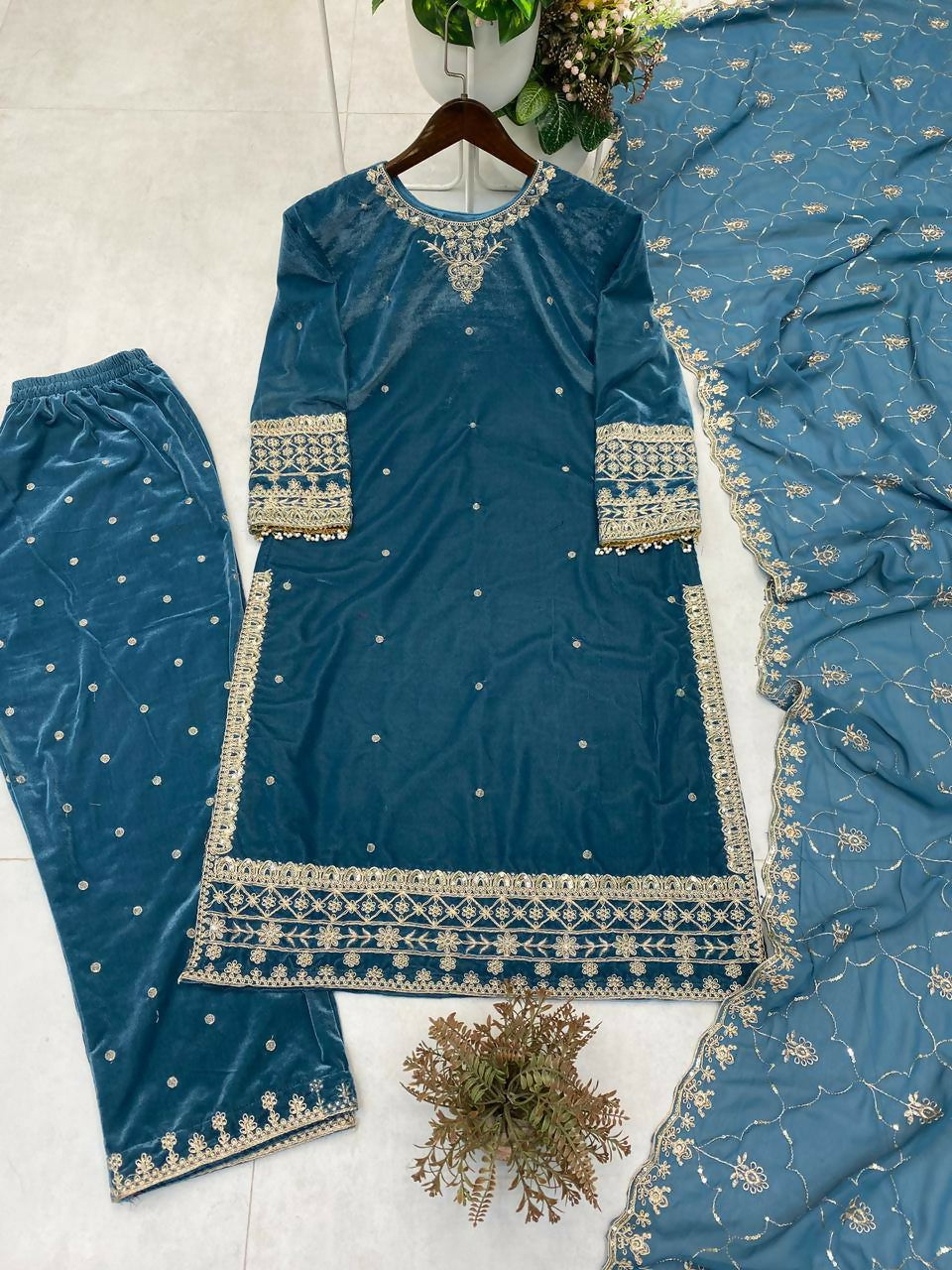 Vastranavya Sea Blue Velvet Sequence Embroidery Work Kurta & Bottom With Dupatta - Distacart
