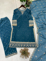Thumbnail for Vastranavya Sea Blue Velvet Sequence Embroidery Work Kurta & Bottom With Dupatta - Distacart