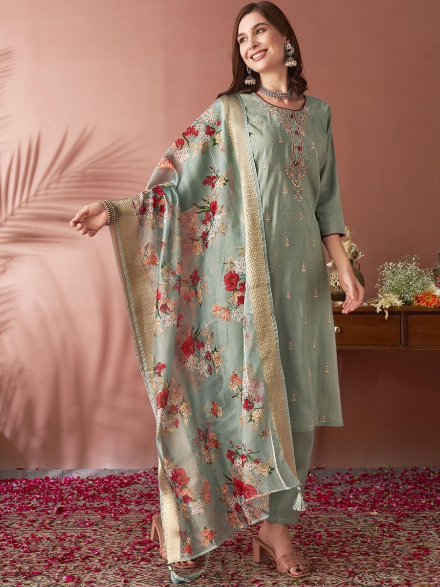 Anouk Women Floral Yoke Design Regular Thread Work Kurta with Trousers & With Dupatta - Distacart