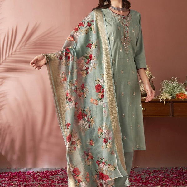 Anouk Women Floral Yoke Design Regular Thread Work Kurta with Trousers & With Dupatta - Distacart