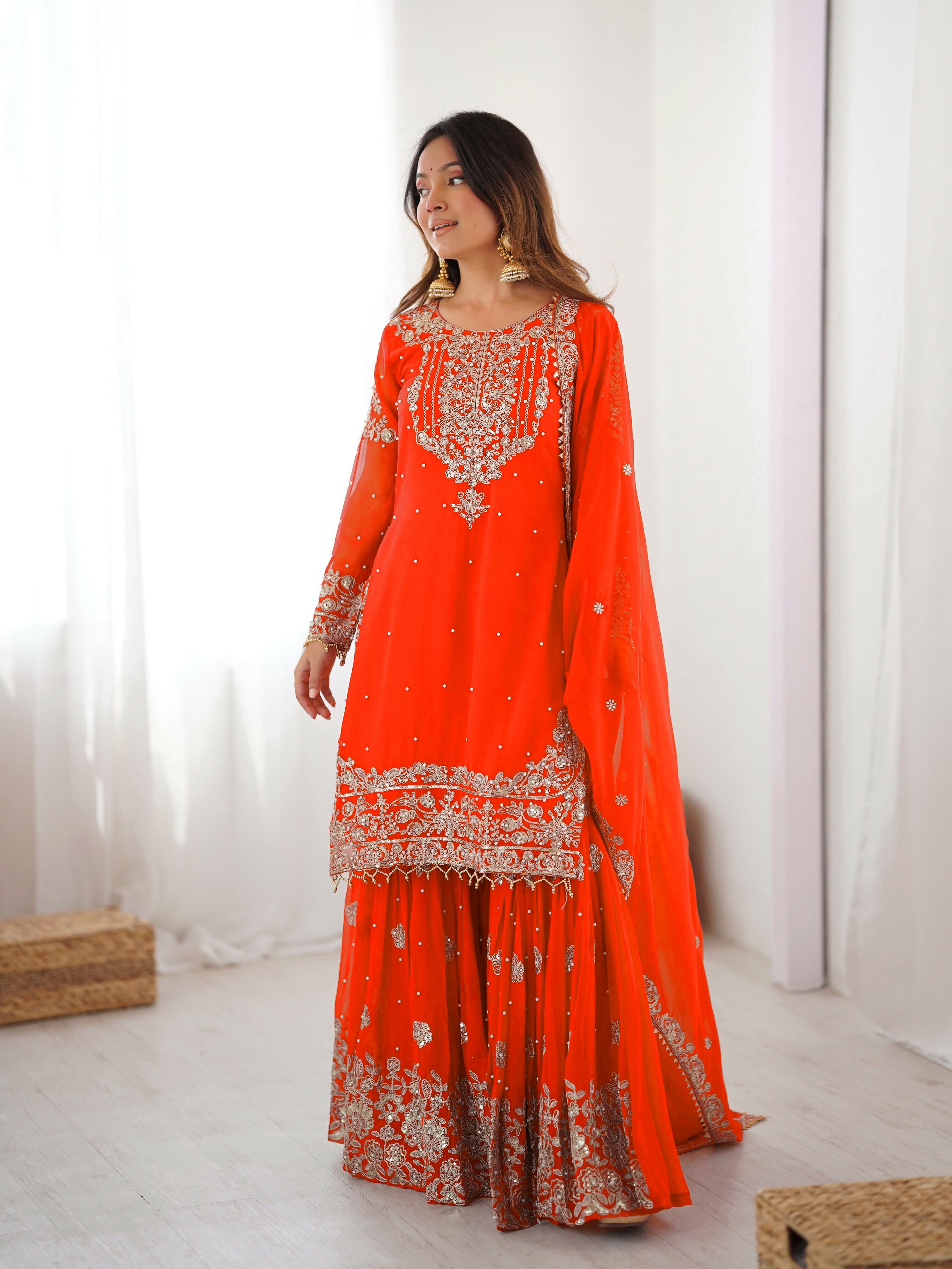 Lehenga Mart Designer Sharara Suit With Kurta, Sharara, Dupatta For Women-Orange - Distacart